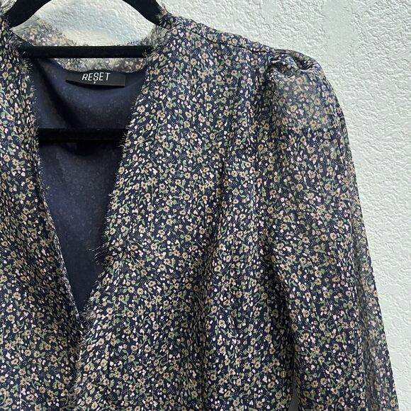 RESET by Jane Olivia Midi Dress Long Slv Floral Pinstripe Sz S Button Front - Picture 5 of 12